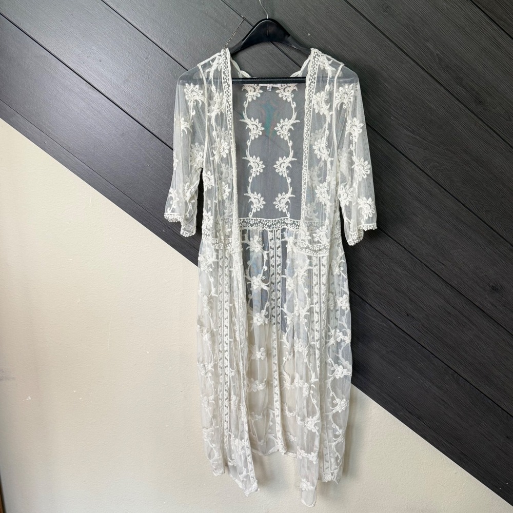 Woven Heart Women's Sheer Lace Floral Embroidered Duster Cardigan Small BOHO - Picture 1 of 5